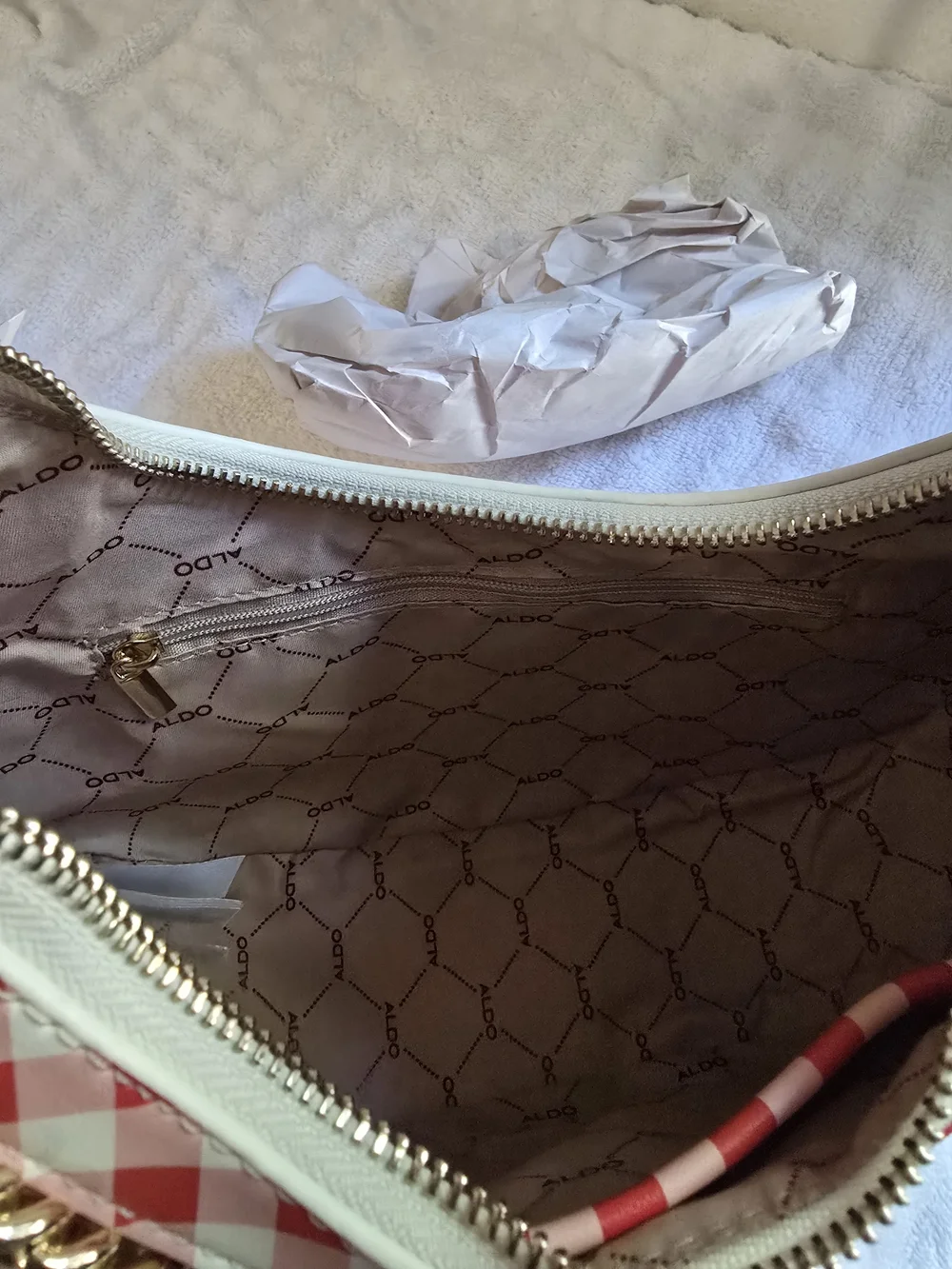 Aldo Red and White Gingham Crescent Shoulder Bag with Gold Chain